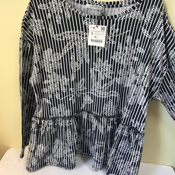 Zara NEW Cotton Striped Floral Peplum Relaxed Top Top Shirt Tunic Boho Ruffles S - Picture 4 of 16